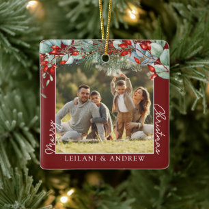 Frohe Weihnachts-Foto & Watercolor Holly Burgund Keramikornament