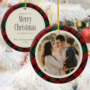Frohe Weihnachts-Fotos Elegant Grün Kariert Keramik Ornament