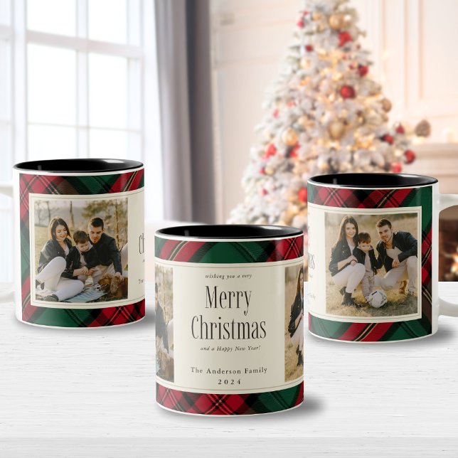 Frohe Weihnachts-Fotos Elegant Grün Kariert Zweifarbige Tasse (Merry Christmas Photos Elegant Green Red Plaid Two-Tone Coffee Mug
)