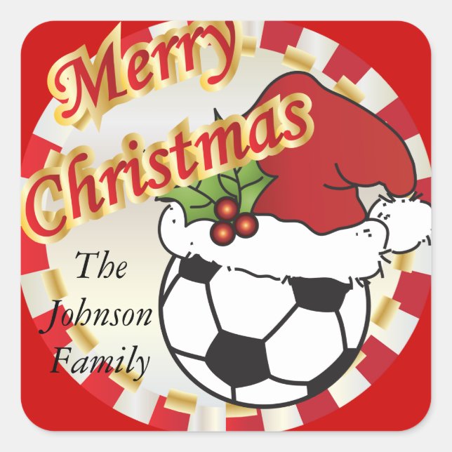 Frohe Weihnachts-Fußball-Ball | Personalisieren Quadratischer Aufkleber (Vorderseite)