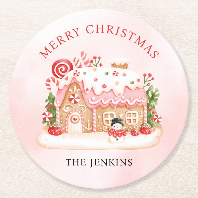 Frohe Weihnachts Gingerbread House Paper Untersetz Runder Pappuntersetzer (Vorderseite)