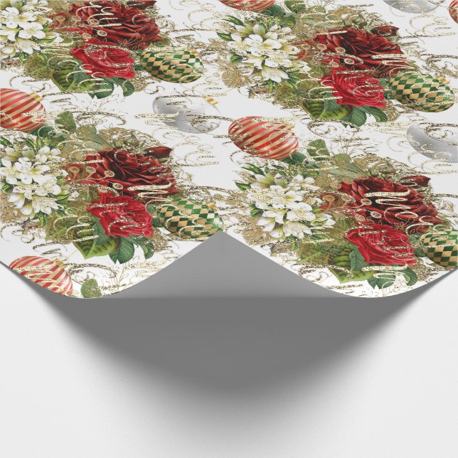 Frohe Weihnachts-Glitzer Baubles Gold Rote Rose Lu Geschenkpapier (Ecke)