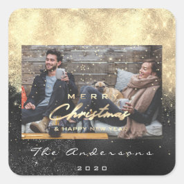 Frohe Weihnachts-glückliche Jahr Stars Black Gold  Quadratischer Aufkleber