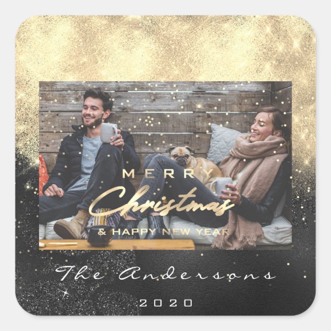 Frohe Weihnachts-glückliche Jahr Stars Black Gold  Quadratischer Aufkleber (Vorderseite)