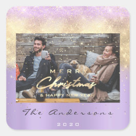 Frohe Weihnachts glückliche Jahr Stars Violet Gold Quadratischer Aufkleber