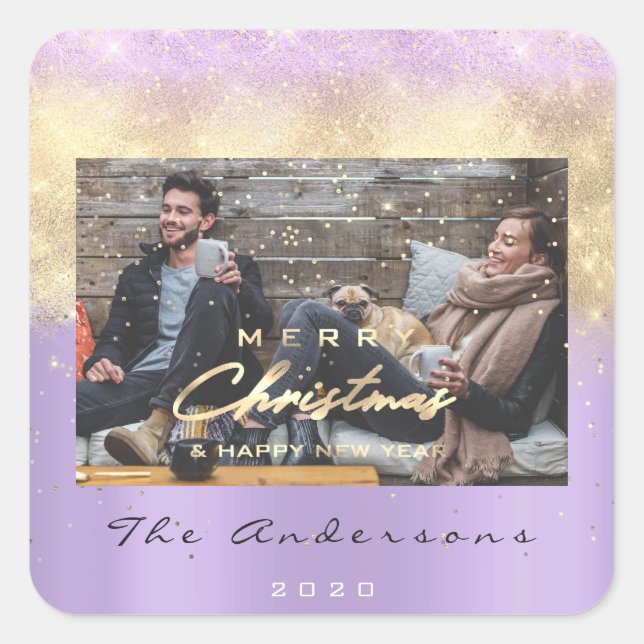 Frohe Weihnachts glückliche Jahr Stars Violet Gold Quadratischer Aufkleber (Vorderseite)