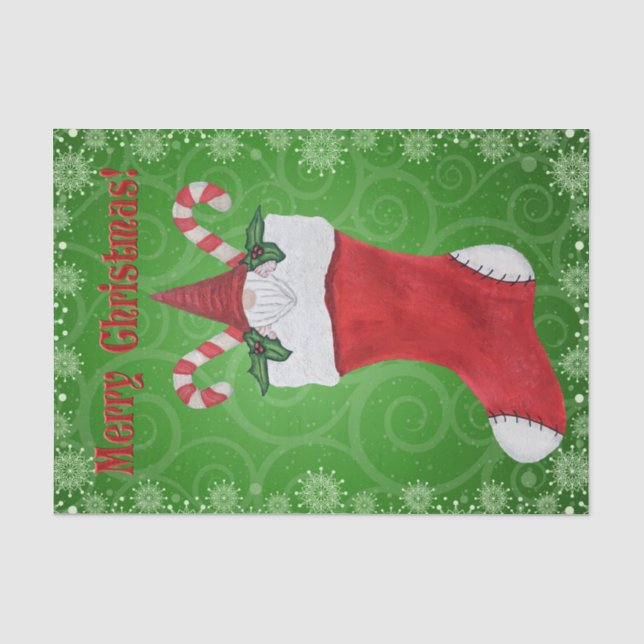 Frohe Weihnachts-Gnome im Strumpf Grüne Schneefloc Seidenpapier (Vorderseite)