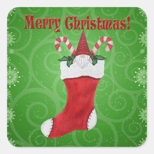 Frohe Weihnachts-Gnome in Strumpf Candy Cane Green Quadratischer Aufkleber (Vorderseite)