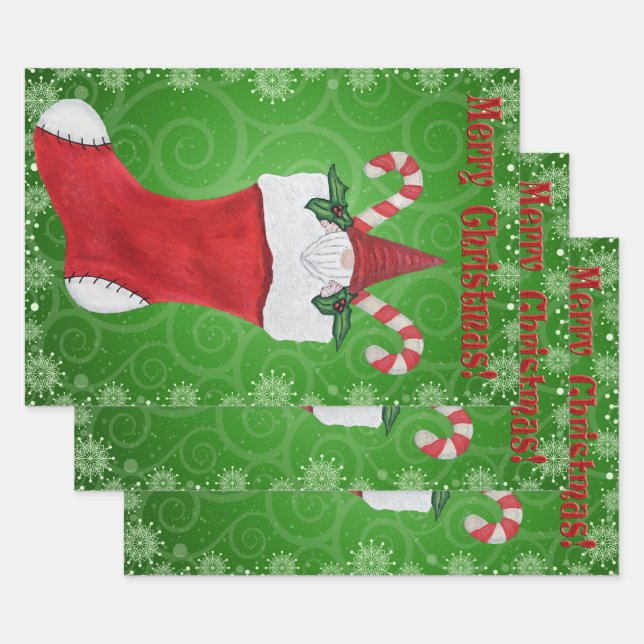 Frohe Weihnachts Gnome Red Christmas Strumpf Swirl Geschenkpapier Set (Set)