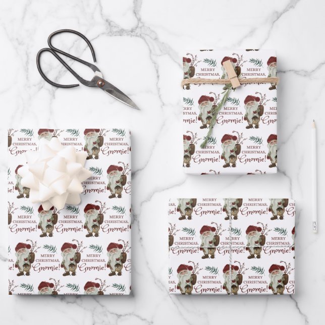 Frohe Weihnachts Gnomie Wrapping Paper Sheets Geschenkpapier Set (Vorderseite)
