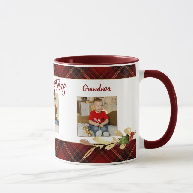 Frohe Weihnachts Gold Blätter 3-Foto Red Tartan Tasse (Rechts)