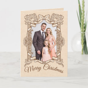 Frohe Weihnachts Gold Bow Vintage Foto Rahmen Feiertagskarte