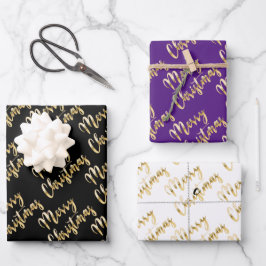 Frohe Weihnachts-Gold-Drehbuch Schwarz-weiß lila Geschenkpapier Set