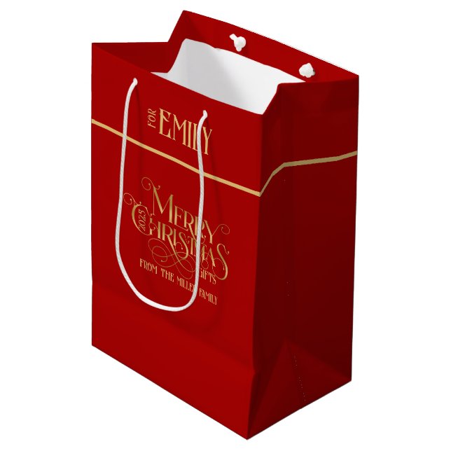 Frohe Weihnachts Gold Extravagante Typografie Mittlere Geschenktüte (Vorderseite Schrägansicht)