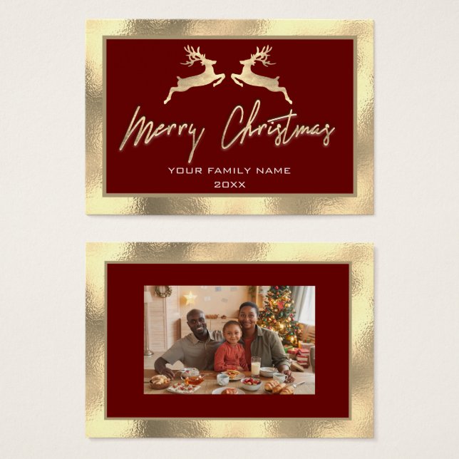 Frohe Weihnachts-Gold-Familie Foto Burgundy Deer (Vorne & Hinten)