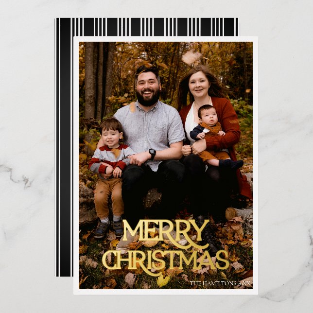 Frohe Weihnachts Gold Foil Black & White Stripe Folieneinladung (Vorderseite/Rückseite)
