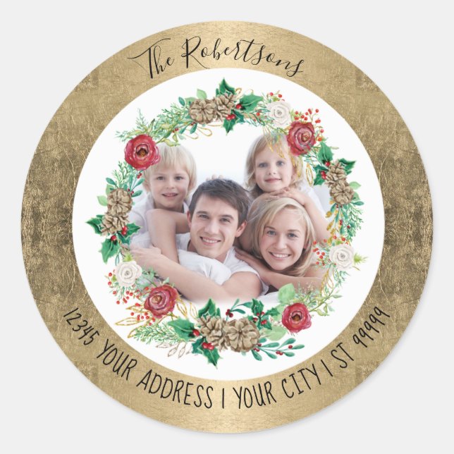 Frohe Weihnachts Gold Foil Wreath Foto-Adresse Runder Aufkleber (Vorderseite)