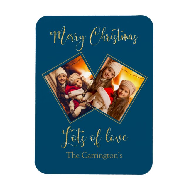 Frohe Weihnachts Gold Foto Name Blue Magnet (Vertikal)
