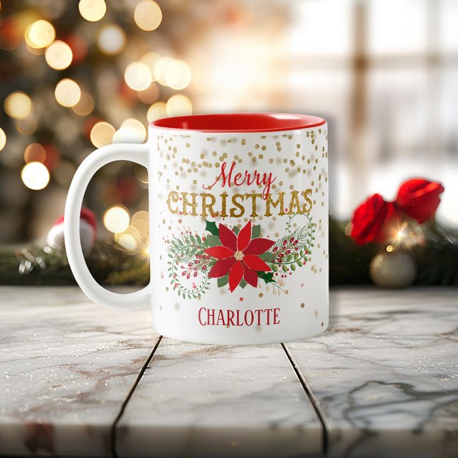 Frohe Weihnachts Gold Glitzer Poinsettia Zweifarbige Tasse (Merry Christmas Gold Glitter Poinsettia Two-Tone Coffee Mug)