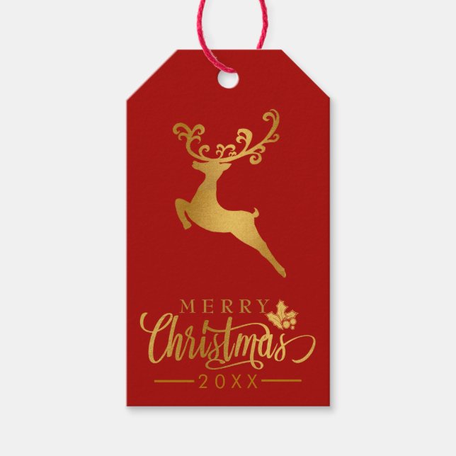 Frohe Weihnachts Gold Glitzer Reindeer Red Holiday Geschenkanhänger (Vorderseite)