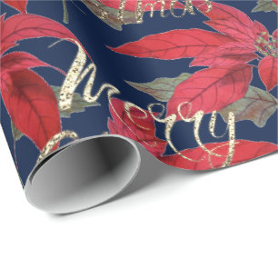 Frohe Weihnachts Gold Glitzer Script Floral Navy Geschenkpapier