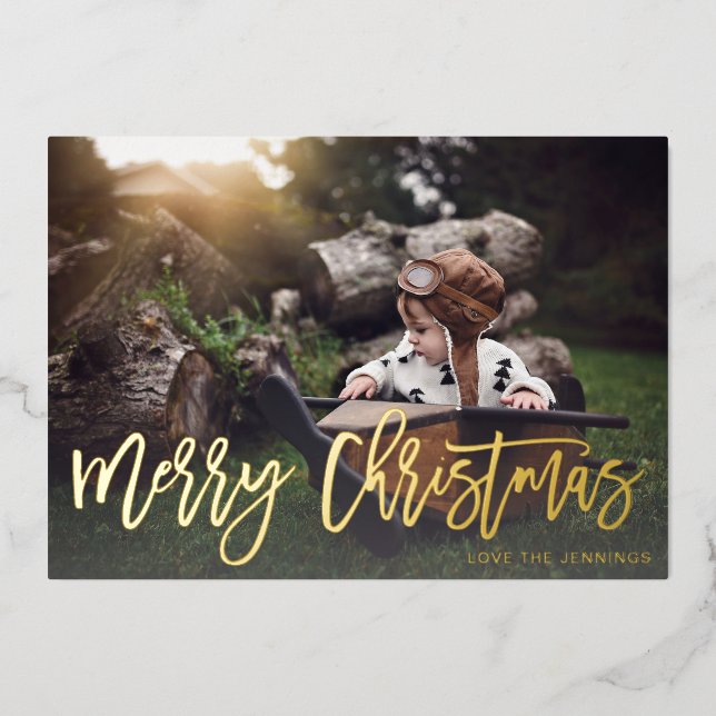 Frohe Weihnachts Gold Glitzer Script Foto Fade Folieneinladung (Vorderseite)