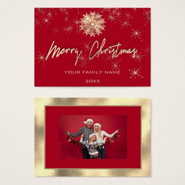 Frohe Weihnachts Gold Rahmen Rotes Foto Schneefloc (Vorne & Hinten)