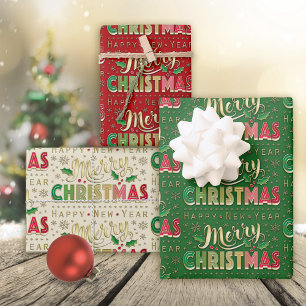 Frohe Weihnachts-Gold-Script Geschenkpapier Set