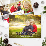 Frohe Weihnachts Gold Script Overlay Foto Collage Feiertagskarte<br><div class="desc">Einfach schick Urlaub Multi-Foto Grußkarte bietet "Frohe Weihnachten" in einem modernen goldfarbenen Drehbuch mit Scrolldetails in weiß und Foto Collage Vorlage mit sechs (6) zusätzlichen Fotos auf der Rückseite.</div>