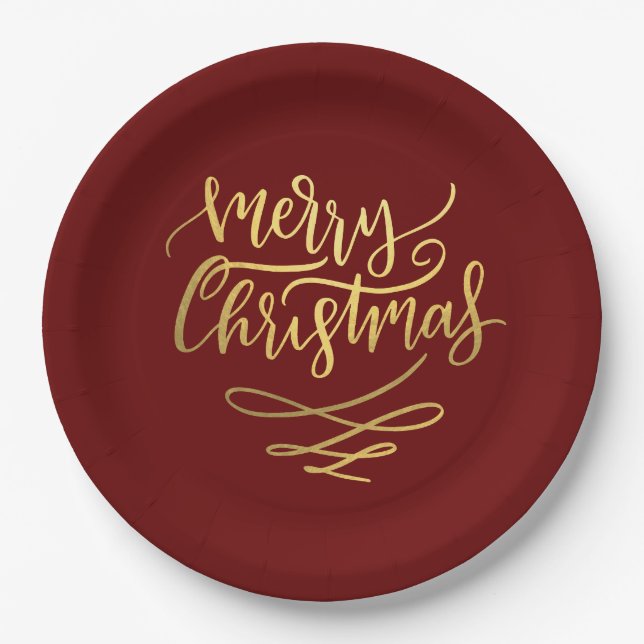 Frohe Weihnachts-Gold-Script-Typografie Pappteller (Vorderseite)