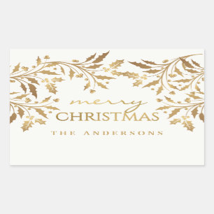 Frohe Weihnachts Gold Shimmer Holly Branches Rechteckiger Aufkleber