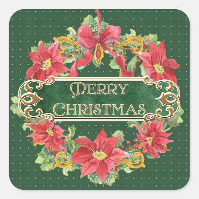 Frohe Weihnachts Gold Swirl Poinsettia Wreath Jewe Quadratischer Aufkleber (Vorderseite)