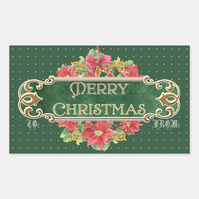 Frohe Weihnachts Gold Swirl Poinsettia Wreath Jewe Rechteckiger Aufkleber (Vorderseite)