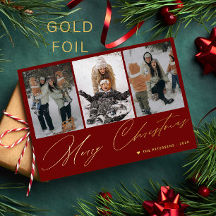 Frohe Weihnachts-goldene Drehbuch 3 Foto rot Folien Feiertagskarte