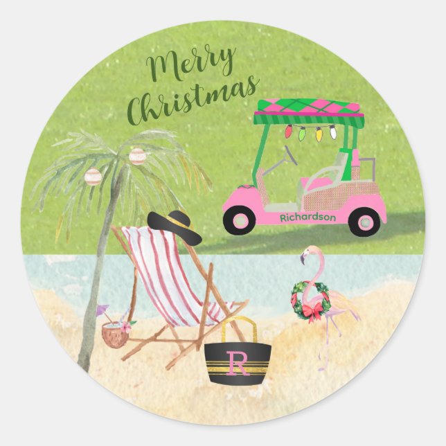 Frohe Weihnachts Golf Cart Beach Monogram Name Runder Aufkleber (Vorderseite)
