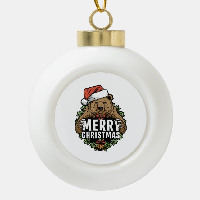 Frohe Weihnachts Grizzly Bär Keramik Kugel-Ornament (Vorderseite)