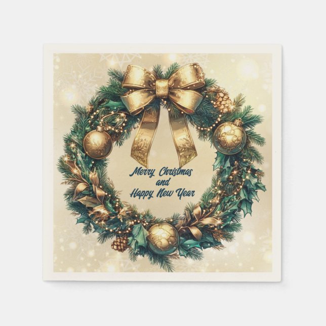 Frohe Weihnachts-Grün-Gold-Kranz Serviette (Vorderseite)