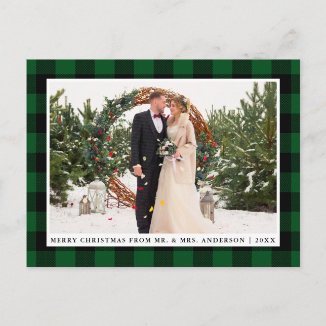 Frohe Weihnachts Grün Kariert Hochzeit Foto Postkarte (Vorderseite)