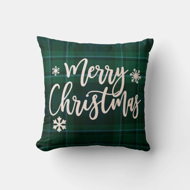 Frohe Weihnachts Grün Kariert Kissen (Vorderseite)