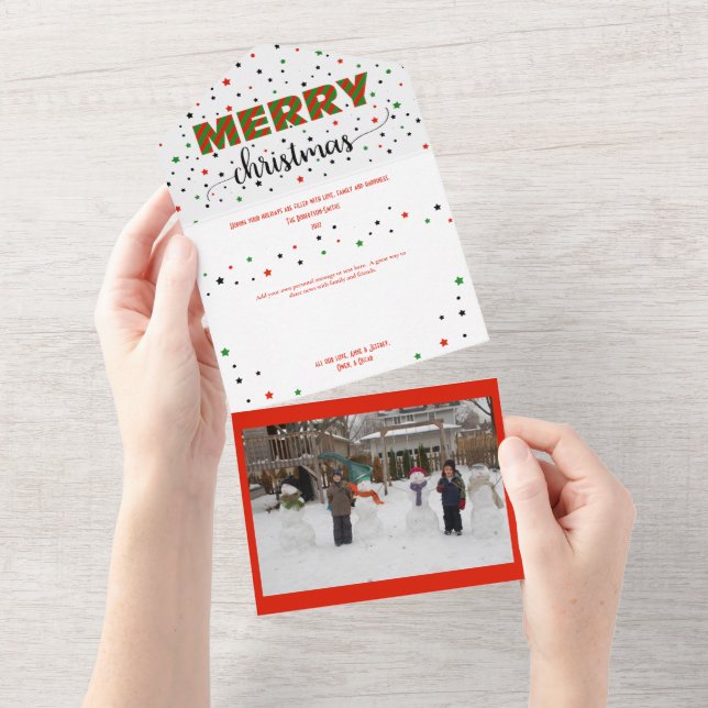 Frohe Weihnachts Grün Rot Streifen Sternenkarte All In One Einladung (Abreißen)