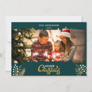 Frohe Weihnachts-Grün und Gold Bogen Foto Urlaub Einladung