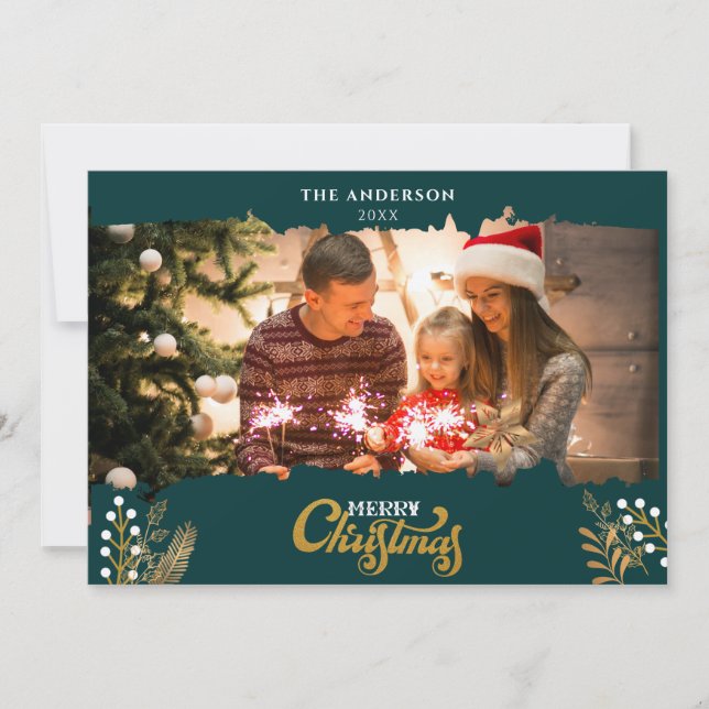 Frohe Weihnachts-Grün und Gold Bogen Foto Urlaub Einladung (Vorderseite)