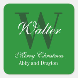 Frohe Weihnachts Grün und Weiß Custom Monogram Quadratischer Aufkleber