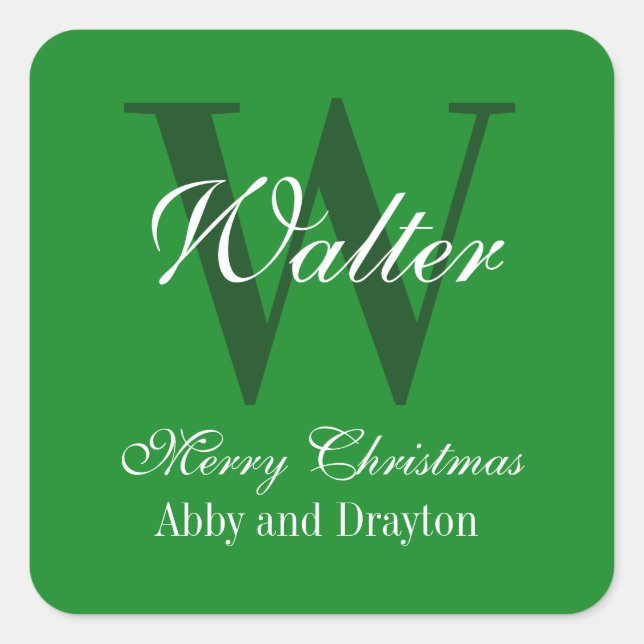 Frohe Weihnachts Grün und Weiß Custom Monogram Quadratischer Aufkleber (Vorderseite)