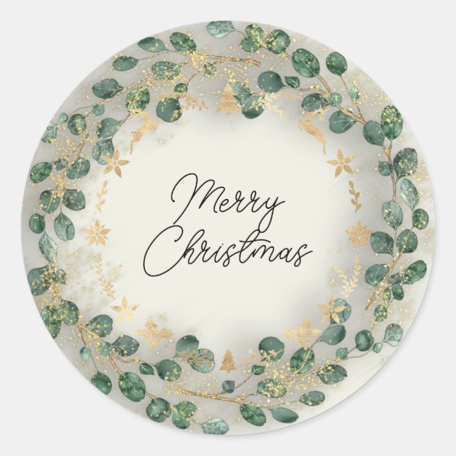 Frohe Weihnachts Grünen Wreath Woodland Wood Gray Runder Aufkleber (Vorderseite)