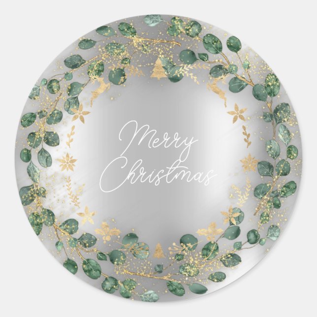 Frohe Weihnachts Grüner Kraut Woodland Wood Silver Runder Aufkleber (Vorderseite)