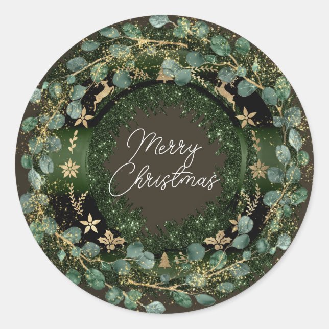 Frohe Weihnachts Grüner Winter Gold Woodland Runder Aufkleber (Vorderseite)
