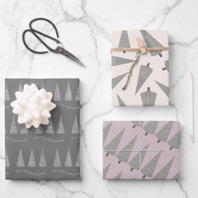 Frohe Weihnachts-Hahnentrittmuster Baummuster Geschenkpapier Set (Vorderseite)
