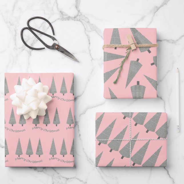 Frohe Weihnachts-Hahnentrittmuster Pink Geschenkpapier Set (Vorderseite)