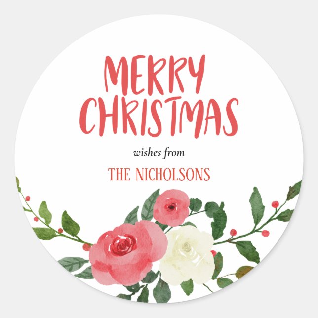 Frohe Weihnachts-Handgeschriebene Script-Rote Rose Runder Aufkleber (Vorderseite)